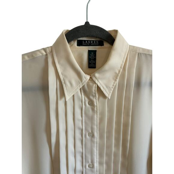 Lauren by Ralph Lauren Women's Medium Cream Pleated Front Collar Button Up Top - Picture 5 of 11